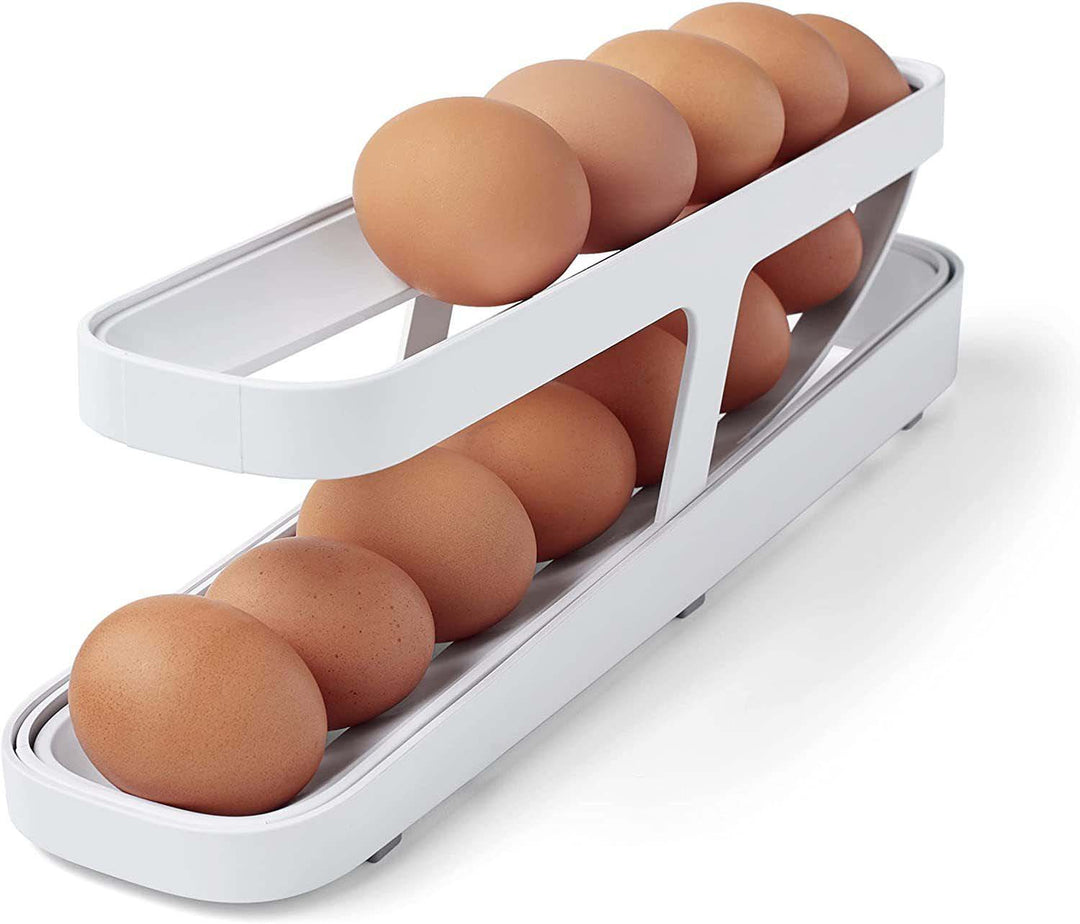 Automatic Scrolling Egg Rack Holder Storage Box Egg Basket Container Organizer Rolldown Refrigerator Egg Dispenser For Kitchen Gadgets.