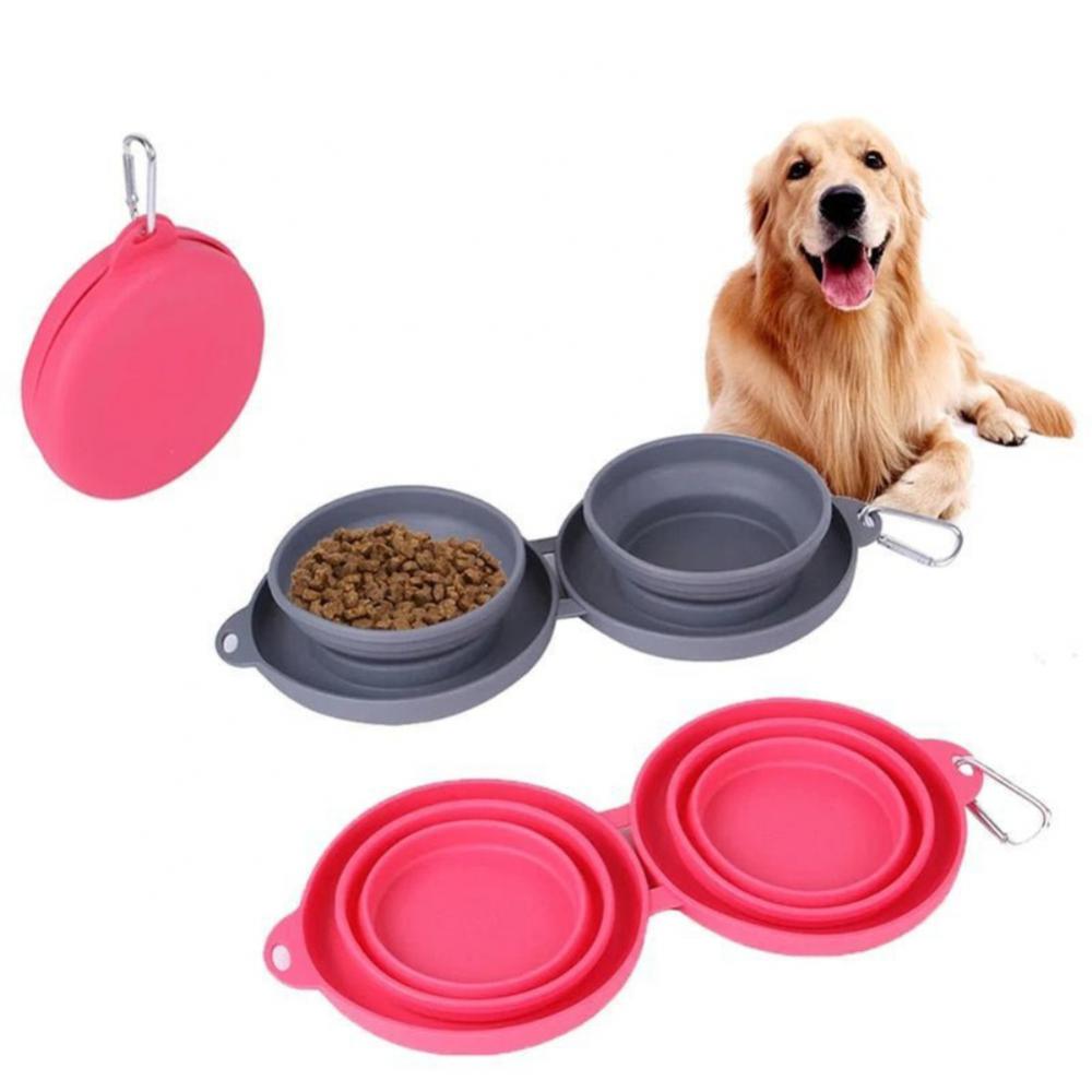 Rubber Foldable Double Bowl Pet Feeding Bowl Pets Supplies Dog Cat Bowls.
