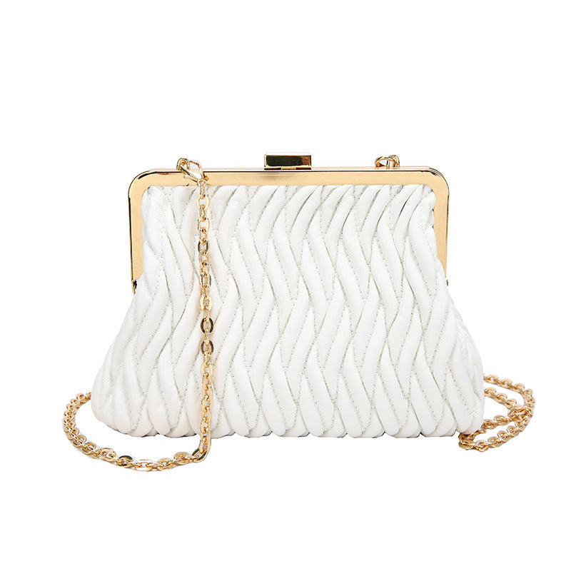 Pleated Handbag with a Textured Chain Shoulder Strap and Lock Detail