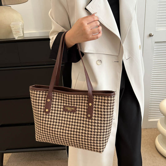 Houndstooth Shoulder Bag Winter Fashion Commuting Handbags Women Large Capacity Totes Casual Shopping Bag