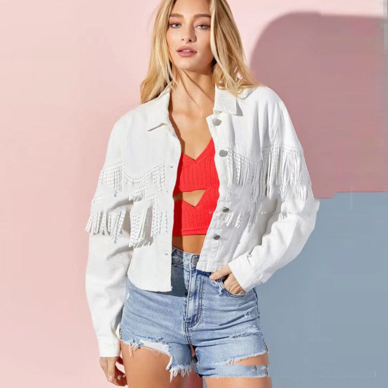 Tassel Denim Coat Short Polo Collar Jacket