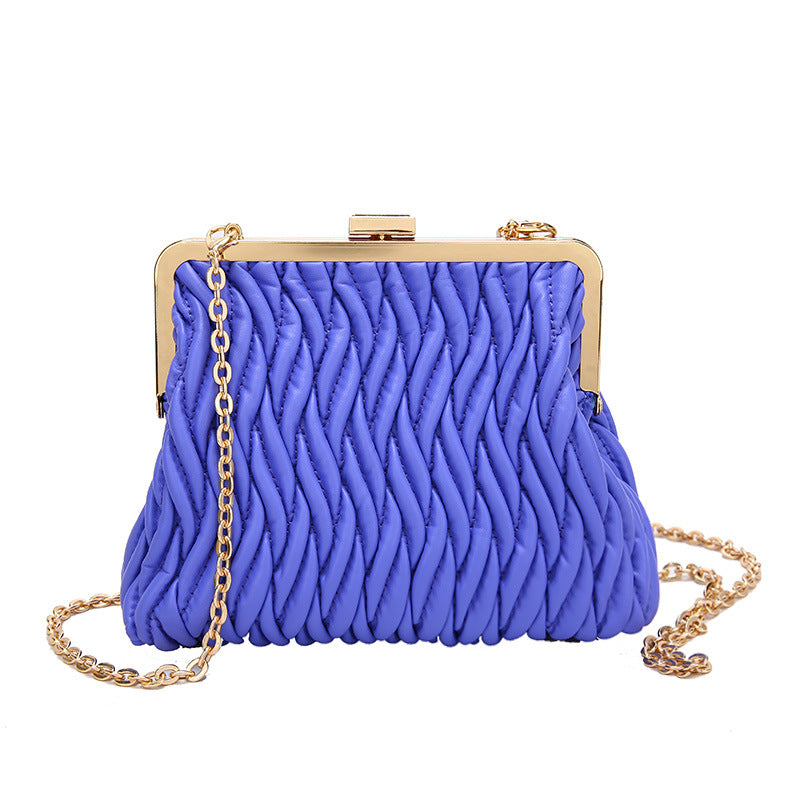 Pleated Handbag with a Textured Chain Shoulder Strap and Lock Detail