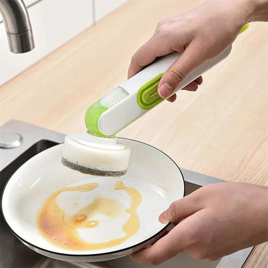 Multi-Functional Long-Handle Liquid-Filled Cleaning Brush Washing Up Brushes With Liquid Dispenser Two Replacement Heads For Kitchen Cleaning Brush Gadgets.