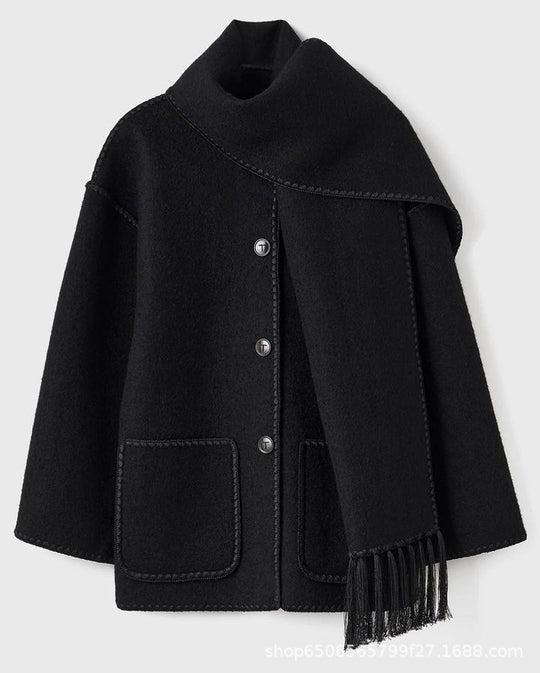 Women's Loose Woolen Coat with Thickened Material, Scarf Tassel, Suitable for Autumn and Winter. Perfect for Casual and Office Streetwear.