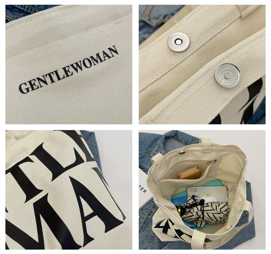 Gentlewomen Tote Bag - A spacious canvas bag with a stylish letter print, perfect for travel, casual outings, and everyday shopping.