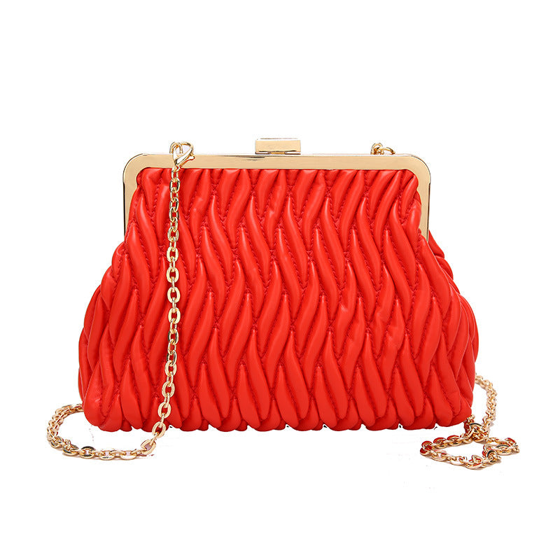 Pleated Handbag with a Textured Chain Shoulder Strap and Lock Detail