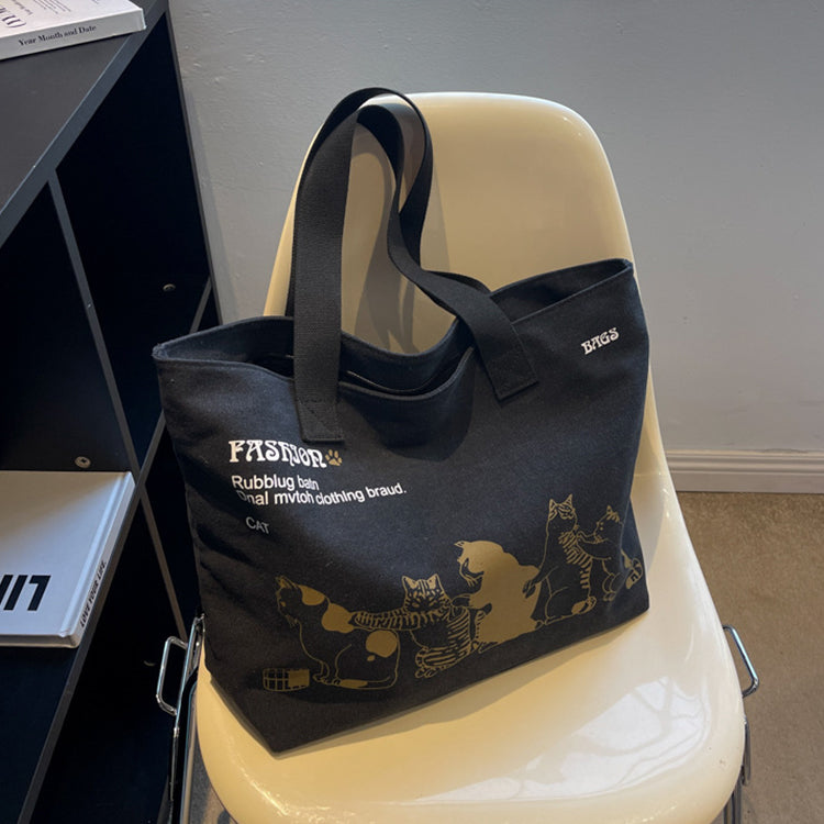 Cute Cartoon Cat Printed Canvas Bag Large Capacity Fashion Shoulder Bag