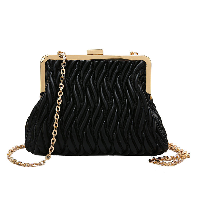 Pleated Handbag with a Textured Chain Shoulder Strap and Lock Detail