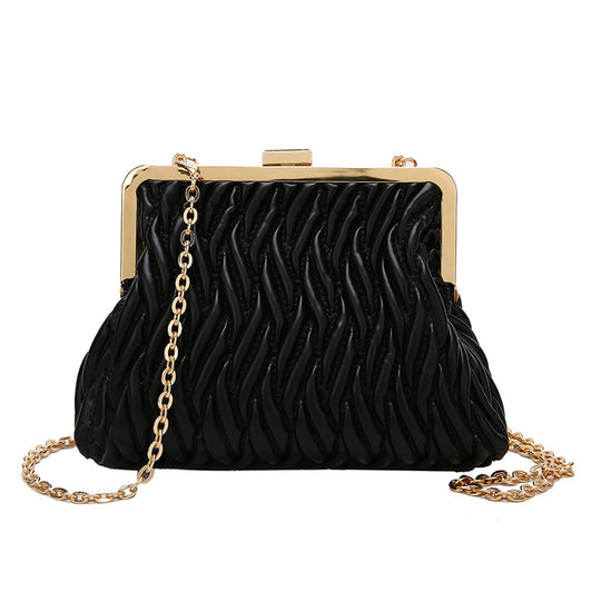 Pleated Handbag with a Textured Chain Shoulder Strap and Lock Detail