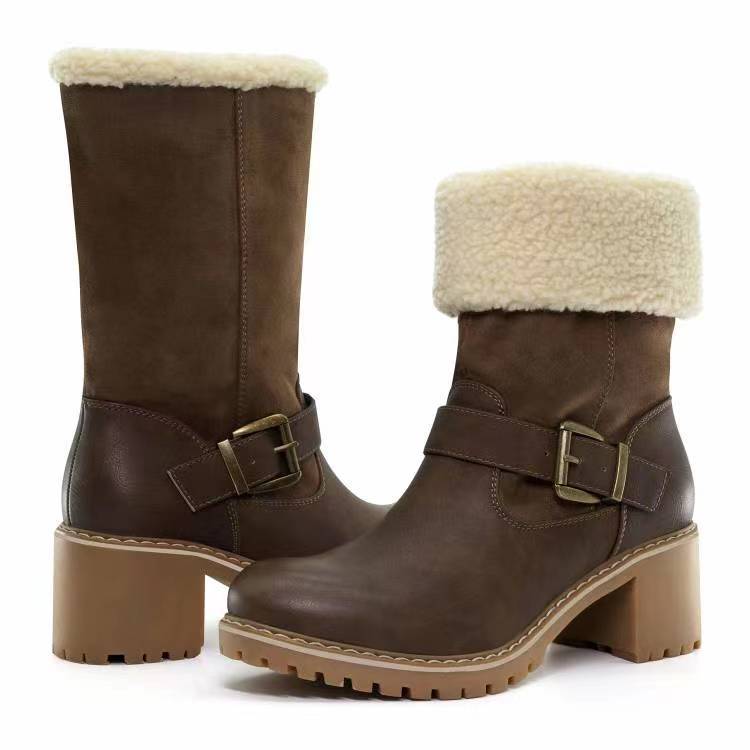 Women's Chunky Heel Western Boots with Buckle and Round Toe for Warm Winter.