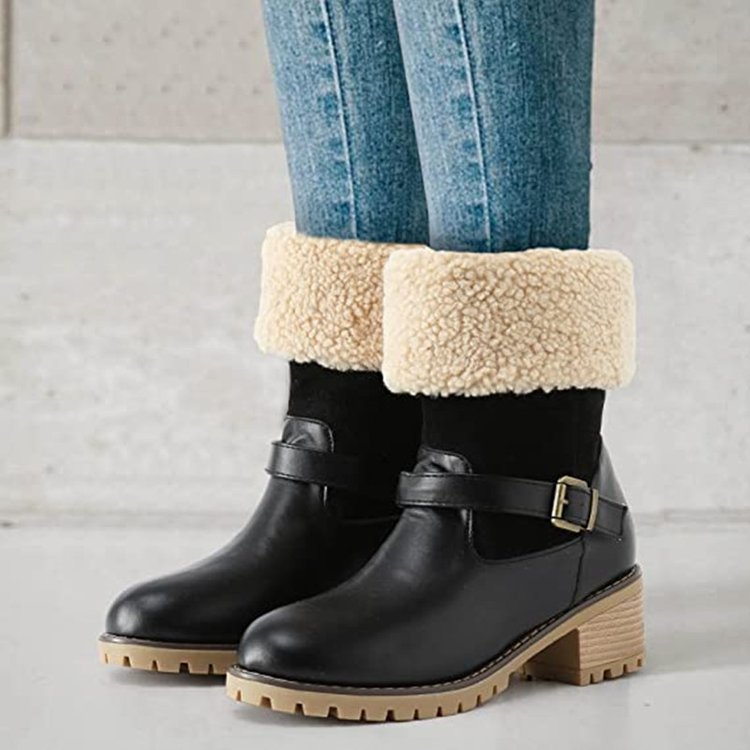 Women's Chunky Heel Western Boots with Buckle and Round Toe for Warm Winter.