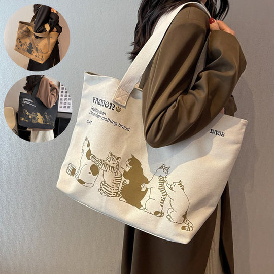 Cute Cartoon Cat Printed Canvas Bag Large Capacity Fashion Shoulder Bag