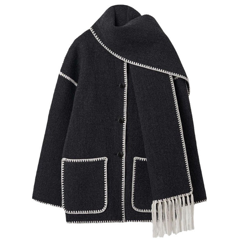Women's Loose Woolen Coat with Thickened Material, Scarf Tassel, Suitable for Autumn and Winter. Perfect for Casual and Office Streetwear.
