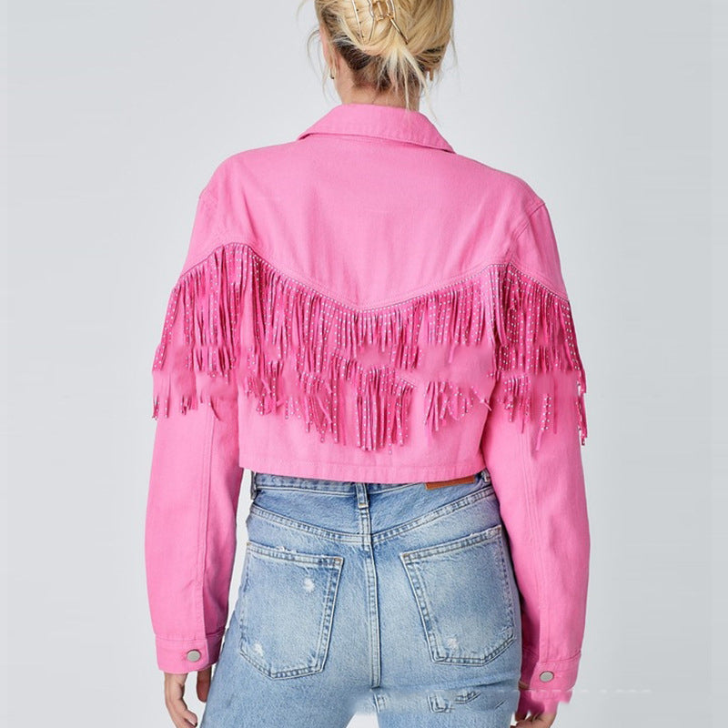 Tassel Denim Coat Short Polo Collar Jacket
