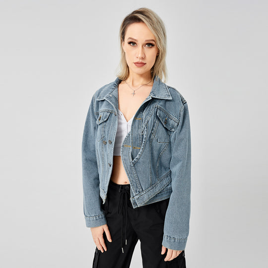 Fashionable women's long sleeve denim jacket with a stylish design.
