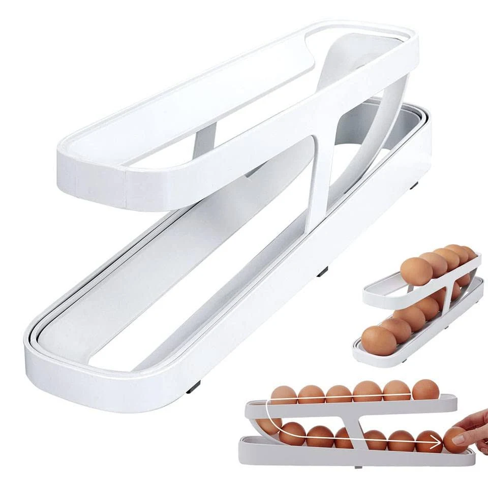 Automatic Scrolling Egg Rack Holder Storage Box Egg Basket Container Organizer Rolldown Refrigerator Egg Dispenser For Kitchen Gadgets.