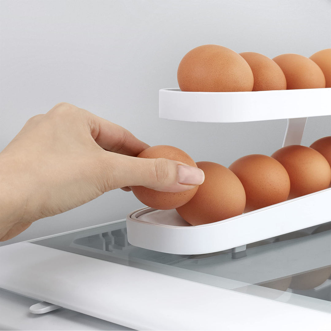 Automatic Scrolling Egg Rack Holder Storage Box Egg Basket Container Organizer Rolldown Refrigerator Egg Dispenser For Kitchen Gadgets.