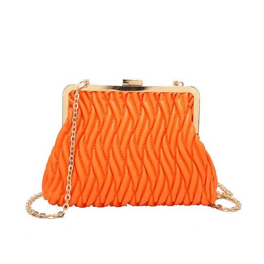 Pleated Handbag with a Textured Chain Shoulder Strap and Lock Detail
