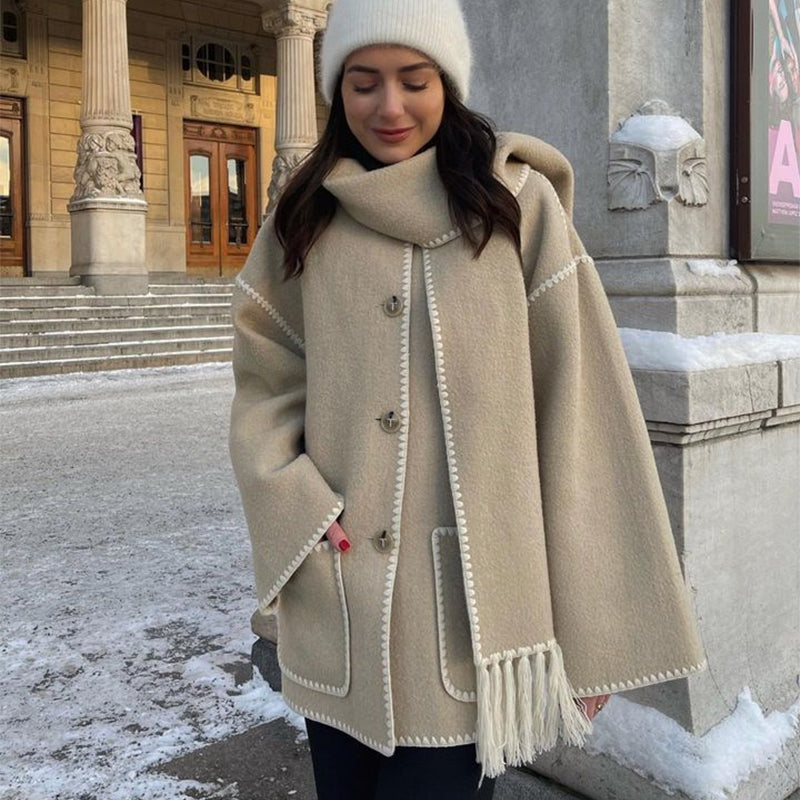 Women's Loose Woolen Coat with Thickened Material, Scarf Tassel, Suitable for Autumn and Winter. Perfect for Casual and Office Streetwear.