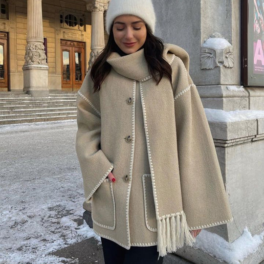 Women's Loose Woolen Coat with Thickened Material, Scarf Tassel, Suitable for Autumn and Winter. Perfect for Casual and Office Streetwear.