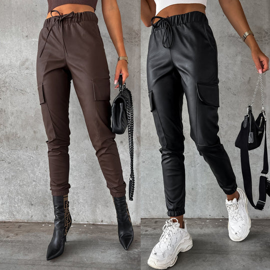 Street Style Leather Pants with a Tight Waist Fit for Women