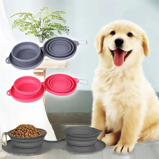 Rubber Foldable Double Bowl Pet Feeding Bowl Pets Supplies Dog Cat Bowls.