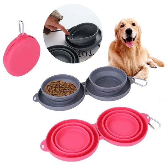 Rubber Foldable Double Bowl Pet Feeding Bowl Pets Supplies Dog Cat Bowls.