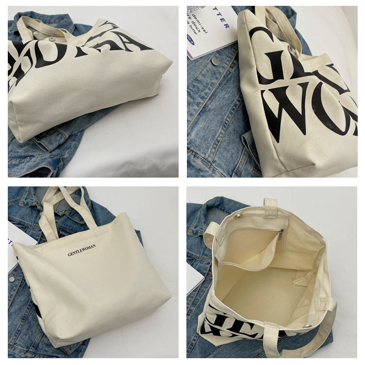 Gentlewomen Tote Bag - A spacious canvas bag with a stylish letter print, perfect for travel, casual outings, and everyday shopping.