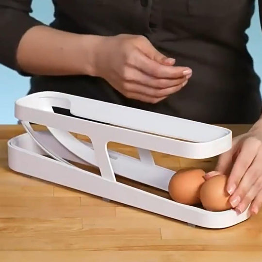 Automatic Scrolling Egg Rack Holder Storage Box Egg Basket Container Organizer Rolldown Refrigerator Egg Dispenser For Kitchen Gadgets.