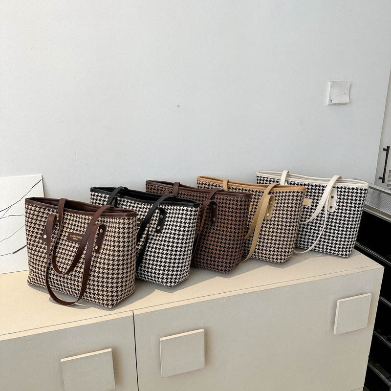 Houndstooth Shoulder Bag Winter Fashion Commuting Handbags Women Large Capacity Totes Casual Shopping Bag