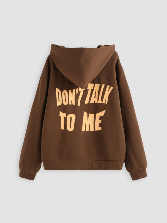 Casual long-sleeved hooded sweater with "Don't Look at Me" printed design.