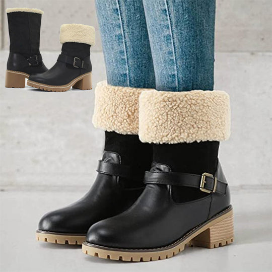 Women's Chunky Heel Western Boots with Buckle and Round Toe for Warm Winter.
