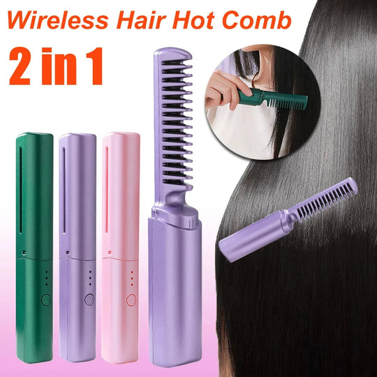 Professional Wireless Hair Straightener Curler Comb Fast Heating Negative Ion Straightening Curling Brush Hair Styling Tools.