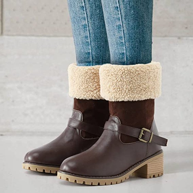 Women's Chunky Heel Western Boots with Buckle and Round Toe for Warm Winter.