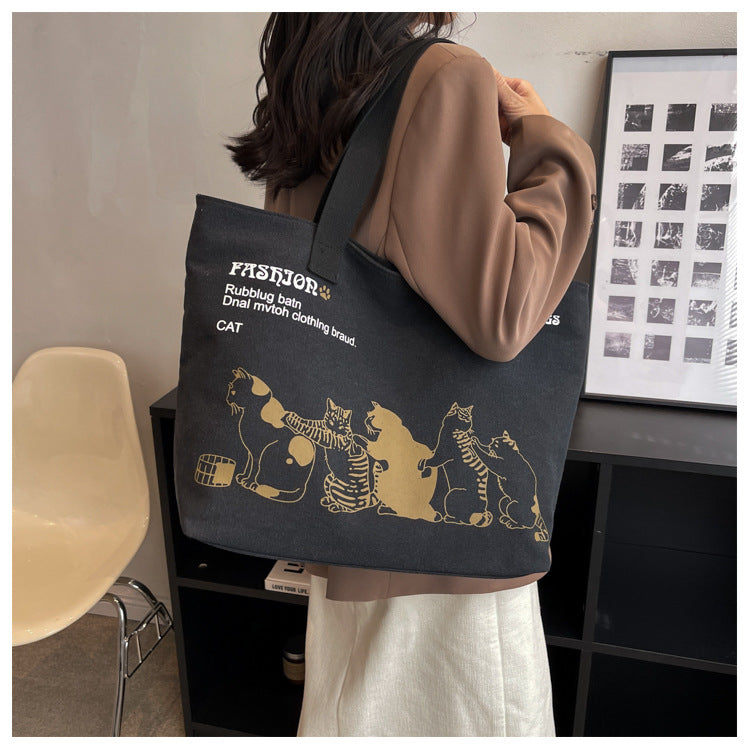 Cute Cartoon Cat Printed Canvas Bag Large Capacity Fashion Shoulder Bag