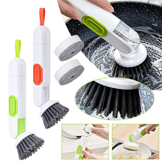 Multi-Functional Long-Handle Liquid-Filled Cleaning Brush Washing Up Brushes With Liquid Dispenser Two Replacement Heads For Kitchen Cleaning Brush Gadgets.