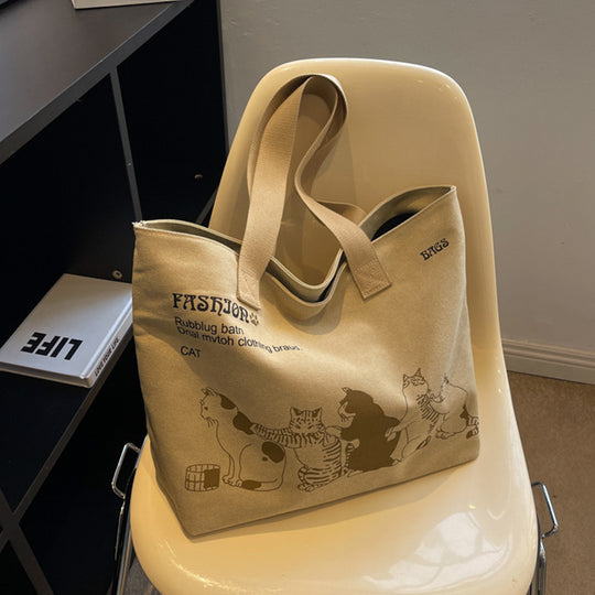 Cute Cartoon Cat Printed Canvas Bag Large Capacity Fashion Shoulder Bag