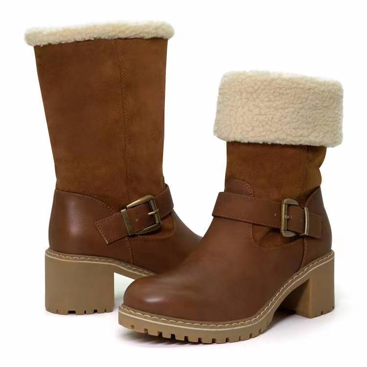 Women's Chunky Heel Western Boots with Buckle and Round Toe for Warm Winter.