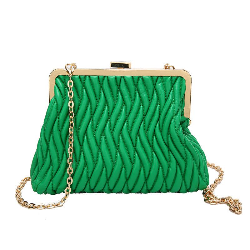Pleated Handbag with a Textured Chain Shoulder Strap and Lock Detail