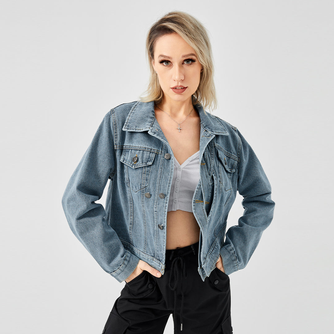 Fashionable women's long sleeve denim jacket with a stylish design.