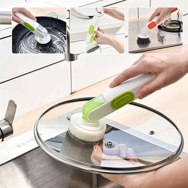 Multi-Functional Long-Handle Liquid-Filled Cleaning Brush Washing Up Brushes With Liquid Dispenser Two Replacement Heads For Kitchen Cleaning Brush Gadgets.