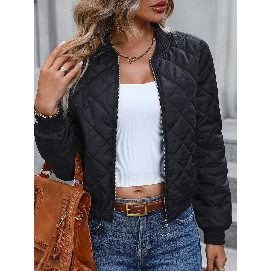 Slim fit baseball-style cotton-padded jacket with a stand collar, featuring a plaid pattern, suitable for autumn in European and American fashion.