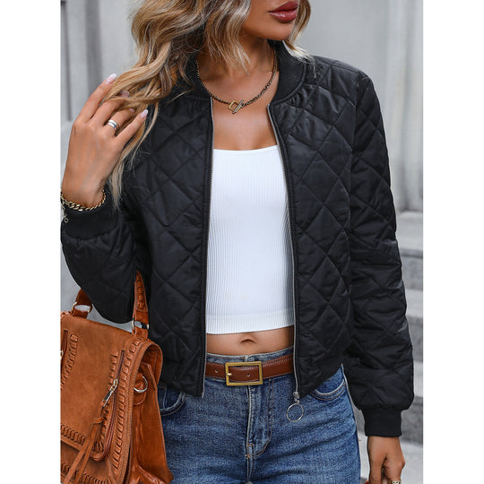 Slim fit baseball-style cotton-padded jacket with a stand collar, featuring a plaid pattern, suitable for autumn in European and American fashion.