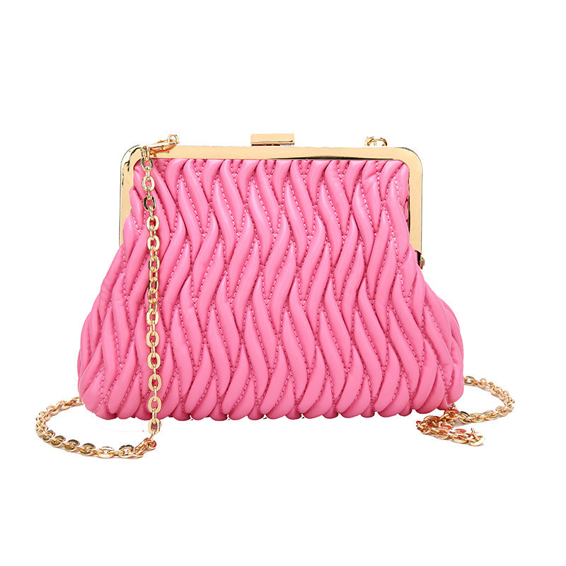 Pleated Handbag with a Textured Chain Shoulder Strap and Lock Detail