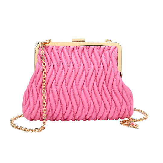 Pleated Handbag with a Textured Chain Shoulder Strap and Lock Detail