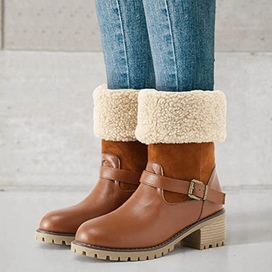 Women's Chunky Heel Western Boots with Buckle and Round Toe for Warm Winter.
