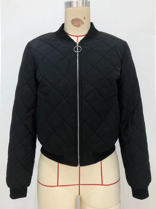 Slim fit baseball-style cotton-padded jacket with a stand collar, featuring a plaid pattern, suitable for autumn in European and American fashion.