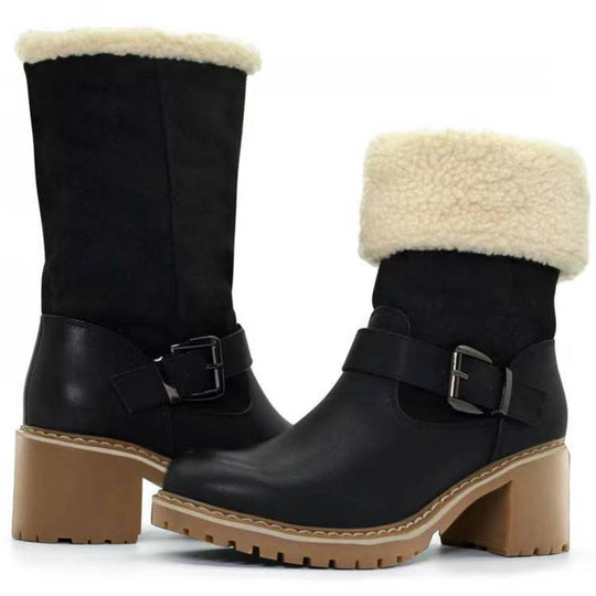 Women's Chunky Heel Western Boots with Buckle and Round Toe for Warm Winter.