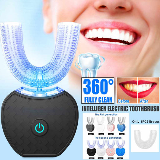 360 Degrees Intelligent Automatic Electric Toothbrush Waterproof U Type Tooth Brush Whitening Blue Light USB Charging.