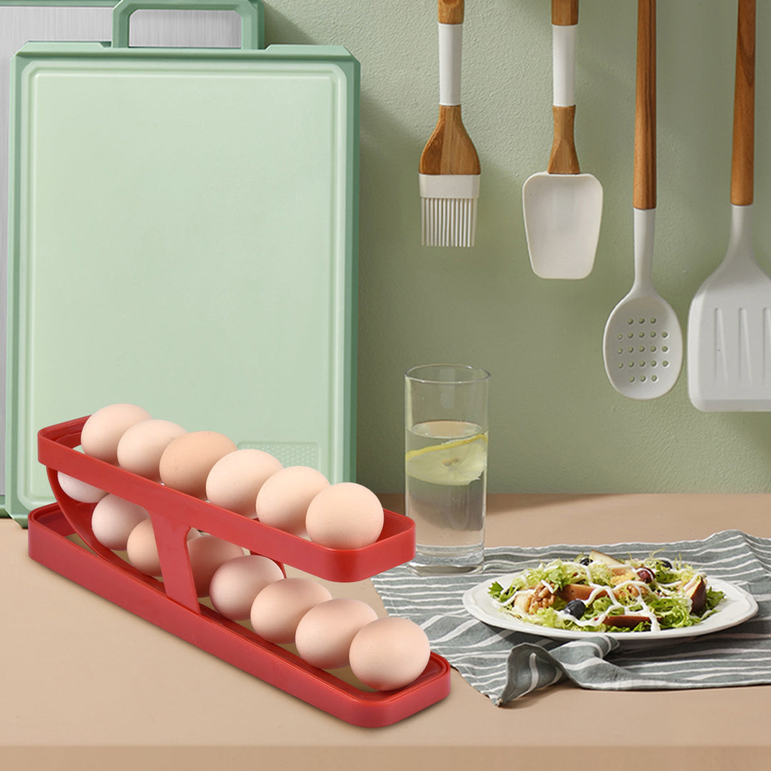 Automatic Scrolling Egg Rack Holder Storage Box Egg Basket Container Organizer Rolldown Refrigerator Egg Dispenser For Kitchen Gadgets.